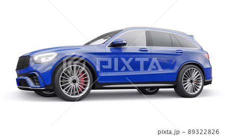 An expensive, ultra-fast sports SUV car for exciting driving in the city, on the highway and on the race track. 3D model of a blue car on a white isolated background. 3d rendering. 89322826