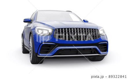 An expensive, ultra-fast sports SUV car for exciting driving in the city, on the highway and on the race track. 3D model of a blue car on a white isolated background. 3d rendering. 89322841