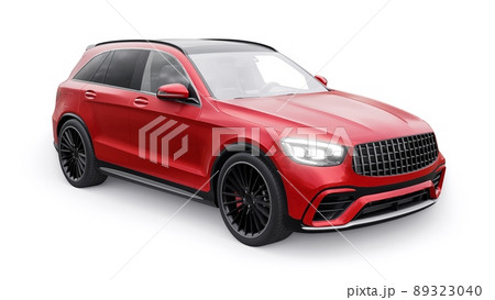 An expensive, ultra-fast sports SUV car for exciting driving in the city, on the highway and on the race track. 3D model of a red car on a white isolated background. 3d rendering. 89323040