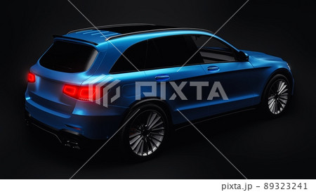 An expensive, ultra-fast sports SUV car for exciting driving in the city, on the highway and on the race track. 3D model of a blue car on a black isolated background. 3d rendering. 89323241