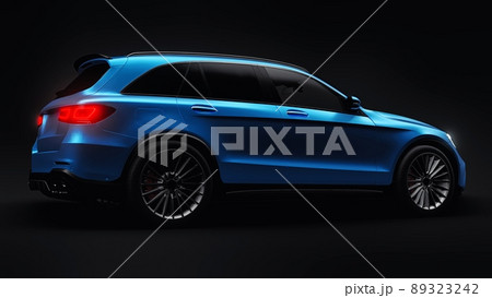 An expensive, ultra-fast sports SUV car for exciting driving in the city, on the highway and on the race track. 3D model of a blue car on a black isolated background. 3d rendering. 89323242