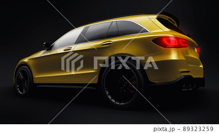 An expensive, ultra-fast sports SUV car for exciting driving in the city, on the highway and on the race track. 3D model of a gold car on a black isolated background. 3d rendering. 89323259