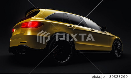 An expensive, ultra-fast sports SUV car for exciting driving in the city, on the highway and on the race track. 3D model of a gold car on a black isolated background. 3d rendering. An expensive, ultra-fast sports SUV car for exciting driving in the city, on the highway and on the race track. 3D model of a gold car on a black isolated background. 3d rendering. 89323260