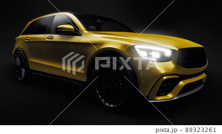 An expensive, ultra-fast sports SUV car for exciting driving in the city, on the highway and on the race track. 3D model of a gold car on a black isolated background. 3d rendering. 89323261
