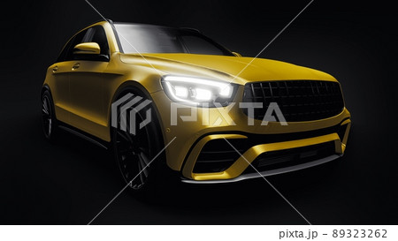 An expensive, ultra-fast sports SUV car for exciting driving in the city, on the highway and on the race track. 3D model of a gold car on a black isolated background. 3d rendering. An expensive, ultra-fast sports SUV car for exciting driving in the city, on the highway and on the race track. 3D model of a gold car on a black isolated background. 3d rendering. 89323262