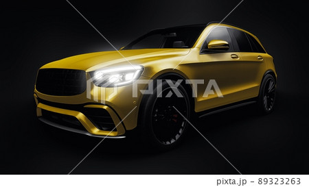 An expensive, ultra-fast sports SUV car for exciting driving in the city, on the highway and on the race track. 3D model of a gold car on a black isolated background. 3d rendering. An expensive, ultra-fast sports SUV car for exciting driving in the city, on the highway and on the race track. 3D model of a gold car on a black isolated background. 3d rendering. 89323263