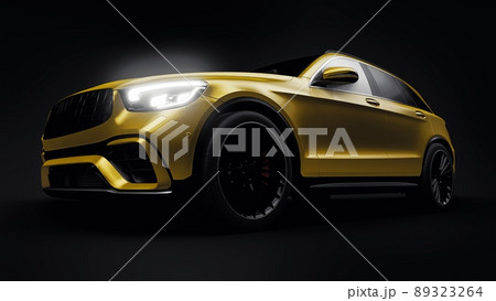 An expensive, ultra-fast sports SUV car for exciting driving in the city, on the highway and on the race track. 3D model of a gold car on a black isolated background. 3d rendering. An expensive, ultra-fast sports SUV car for exciting driving in the city, on the highway and on the race track. 3D model of a gold car on a black isolated background. 3d rendering. 89323264