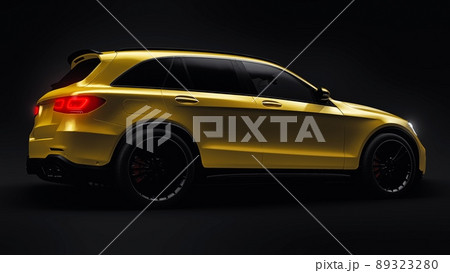 An expensive, ultra-fast sports SUV car for exciting driving in the city, on the highway and on the race track. 3D model of a gold car on a black isolated background. 3d rendering. An expensive, ultra-fast sports SUV car for exciting driving in the city, on the highway and on the race track. 3D model of a gold car on a black isolated background. 3d rendering. 89323280