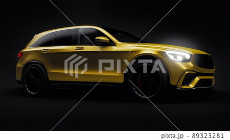 An expensive, ultra-fast sports SUV car for exciting driving in the city, on the highway and on the race track. 3D model of a gold car on a black isolated background. 3d rendering. An expensive, ultra-fast sports SUV car for exciting driving in the city, on the highway and on the race track. 3D model of a gold car on a black isolated background. 3d rendering. 89323281