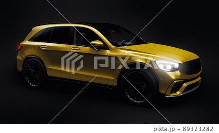 An expensive, ultra-fast sports SUV car for exciting driving in the city, on the highway and on the race track. 3D model of a gold car on a black isolated background. 3d rendering. 89323282