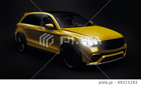 An expensive, ultra-fast sports SUV car for exciting driving in the city, on the highway and on the race track. 3D model of a gold car on a black isolated background. 3d rendering. An expensive, ultra-fast sports SUV car for exciting driving in the city, on the highway and on the race track. 3D model of a gold car on a black isolated background. 3d rendering. 89323283