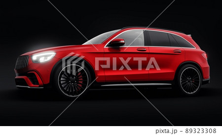 An expensive, ultra-fast sports SUV car for exciting driving in the city, on the highway and on the race track. 3D model of a red car on a black isolated background. 3d rendering. 89323308