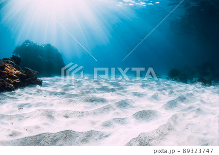 Underwater view of blue ocean with white sand and corals 89323747