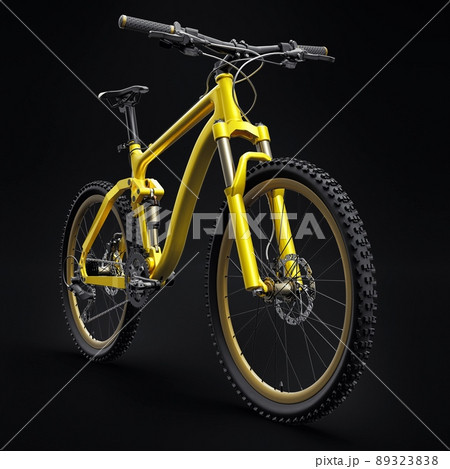 yellow mountain bike on an isolated black background. 3d rendering. 89323838
