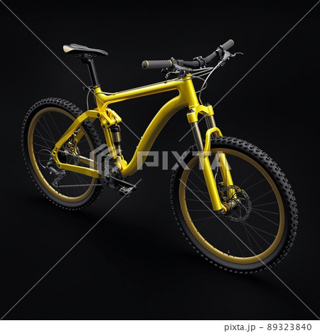 yellow mountain bike on an isolated black background. 3d rendering. 89323840