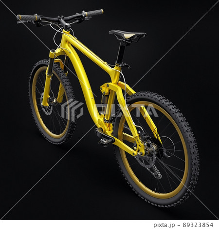 yellow mountain bike on an isolated black background. 3d rendering. 89323854