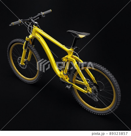 yellow mountain bike on an isolated black background. 3d rendering. 89323857