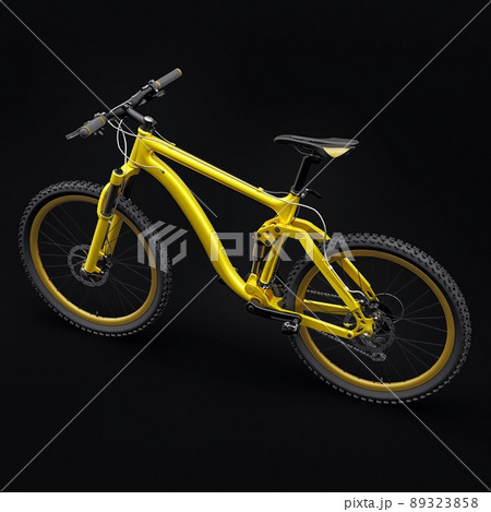 yellow mountain bike on an isolated black background. 3d rendering. 89323858