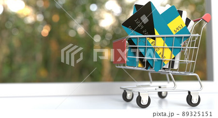 Bank card mockups with flags of Bahamas in a small shopping cart. 3D rendering Bank card mockups with flags of Bahamas in a small shopping cart. 3D rendering 89325151