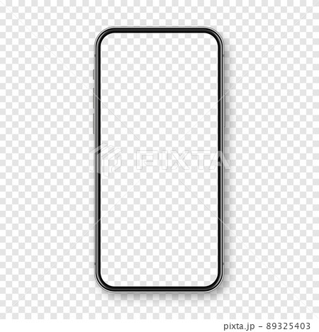 Realistic smartphone with blank touch screen on checkered background. Frameless mobile phone in front view. High quality detailed device mockup. Vector illustration. 89325403