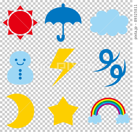 シンプルで可愛い天気予報でよく使うアイコンのイラスト　セット　白背景　ベクター　クリップアート 89325811