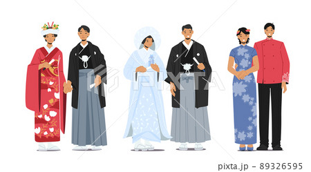 Set of Traditional Japanese Wedding Couples Wear Bridal Dress, Bride and Groom Characters in Kimono Prepare for Marriage Set of Traditional Japanese Wedding Couples Wear Bridal Dress, Bride and Groom Characters in Kimono Prepare for Marriage 89326595