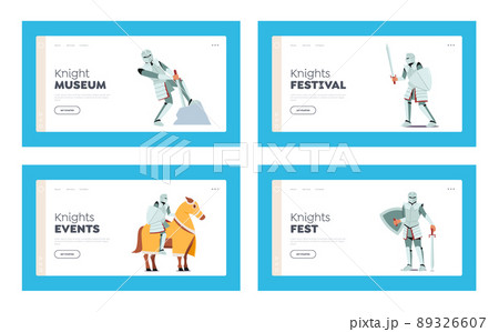 Medieval Knights Landing Page Template Set Ancient Soldier Pull Saber from Stone, Ride Horse, Historical Character 89326607