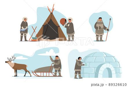 Set of Eskimos Characters Life, People Holding Spear, Building Igloo, Riding Sled, Cooking Fish and Play Tambourine 89326610