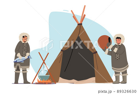 Eskimo Characters on Alaska, Chukchi Northern Pole Indigenous Minorities People Lifestyle. Shaman with Tambourine 89326630