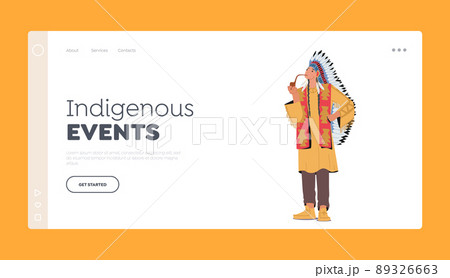 Indigenous Events Landing Page Template. Indian American Chief in Tribal Dress and Headwear with Feathers Smoking Pipe Indigenous Events Landing Page Template. Indian American Chief in Tribal Dress and Headwear with Feathers Smoking Pipe 89326663