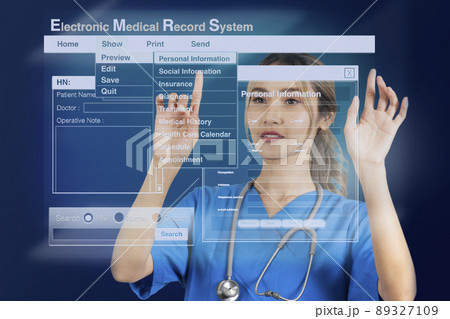 Female doctor working on electronic medical record that display as holographic images. Female doctor working on electronic medical record that display as holographic images. 89327109
