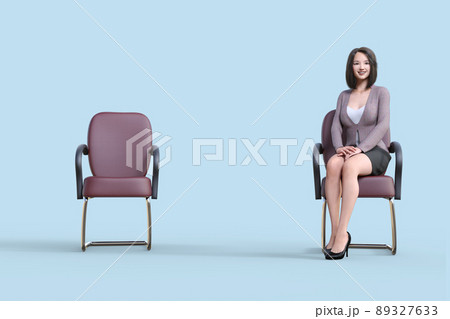 ブルーバックで椅子が二つあり片方に女性社員が一人 座っている 89327633