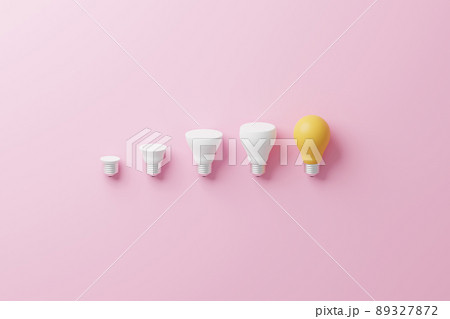 Light bulb yellow growthing outstanding among lightbulb white on pink background Light bulb yellow growthing outstanding among lightbulb white on pink background 89327872