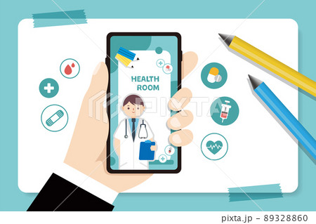 Hand holding a mobile phone: screen shows the doctor's knowledge. Healthcare vector concept.  89328860