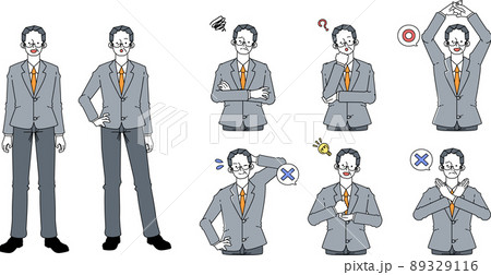 スーツ姿の壮年の男性の様々なポーズ 89329116