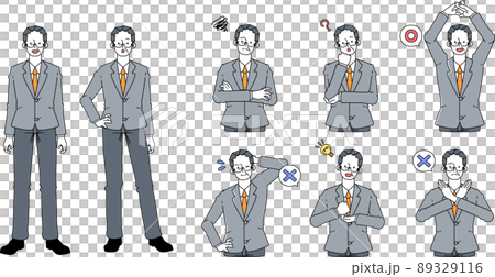 スーツ姿の壮年の男性の様々なポーズ 89329116