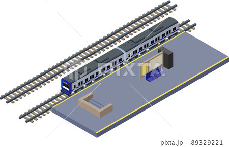 駅のホームに停車している青い電車のアイソメトリックなイラスト のイラスト素材