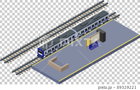 駅のホームに停車している青い電車のアイソメトリックなイラスト のイラスト素材