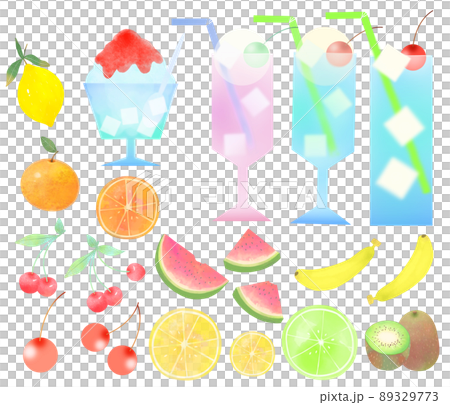 Shaved ice, cream soda and summer fruit items-pastel color retro cute white background illustration set 89329773