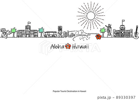 ハワイ(オアフ島)の観光地の街並シンプル手描き線画 ハワイ(オアフ島)の観光地の街並シンプル手描き線画 89330397