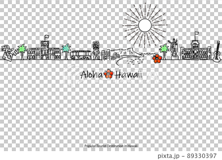 ハワイ(オアフ島)の観光地の街並シンプル手描き線画 ハワイ(オアフ島)の観光地の街並シンプル手描き線画 89330397