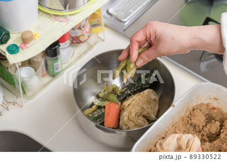 【出汁パックに入れて漬けた枝豆を糠床から取り出す】 【出汁パックに入れて漬けた枝豆を糠床から取り出す】 89330522