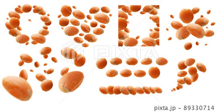 A set of photos. Red lentils levitate on a white background 89330714