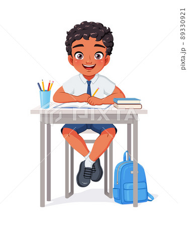 Happy Indian school boy sitting at desk. Cartoon vector illustration. 89330921