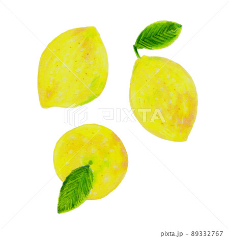 クレヨン 色鉛筆で手描きした果物の檸檬のイラストセットのイラスト素材