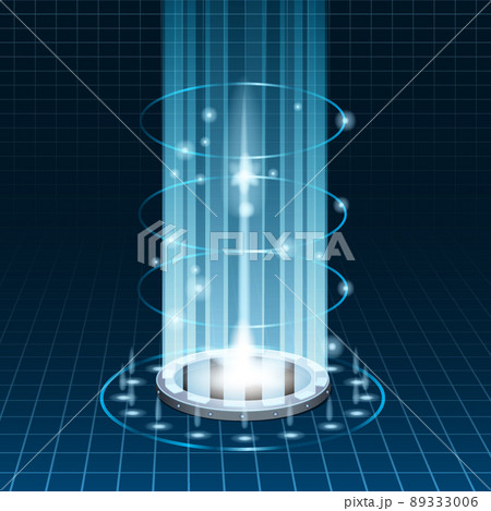 Circle science teleport, futuristic portal sky-fi digital, tunnel with light rays and glows, podium, projector. Vector illustration, black blue background 89333006