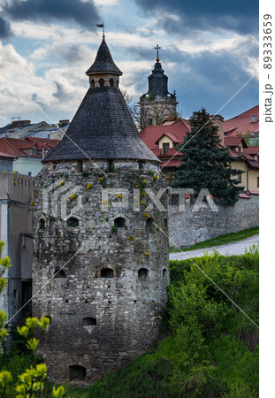 View from Novoplanivskiy Bridge to to medieval towers of Kamianets-Podilskyi old town fortress, one of the most popular towns for travel in Ukraine. 89333659
