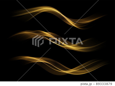 Abstract Gold Waves. Shiny golden moving lines design element on dark background for greeting card and disqount voucher. 89333879