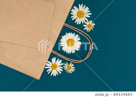 Paper bag on a blue background, decorated with daisies, brown shopping bag. Craft bag with handle. Packaging template mockup. Delivery service concept. Copy space Paper bag on a blue background, decorated with daisies, brown shopping bag. Craft bag with handle. Packaging template mockup. Delivery service concept. Copy space 89334665