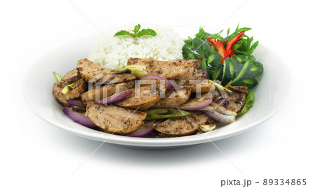 Stir Fried Vietnamese Pork Sausage with Black peppers Served Rice Stir Fried Vietnamese Pork Sausage with Black peppers Served Rice 89334865